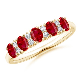 4x3mm AAA Five Stone Ruby and Diamond Wedding Ring in Yellow Gold
