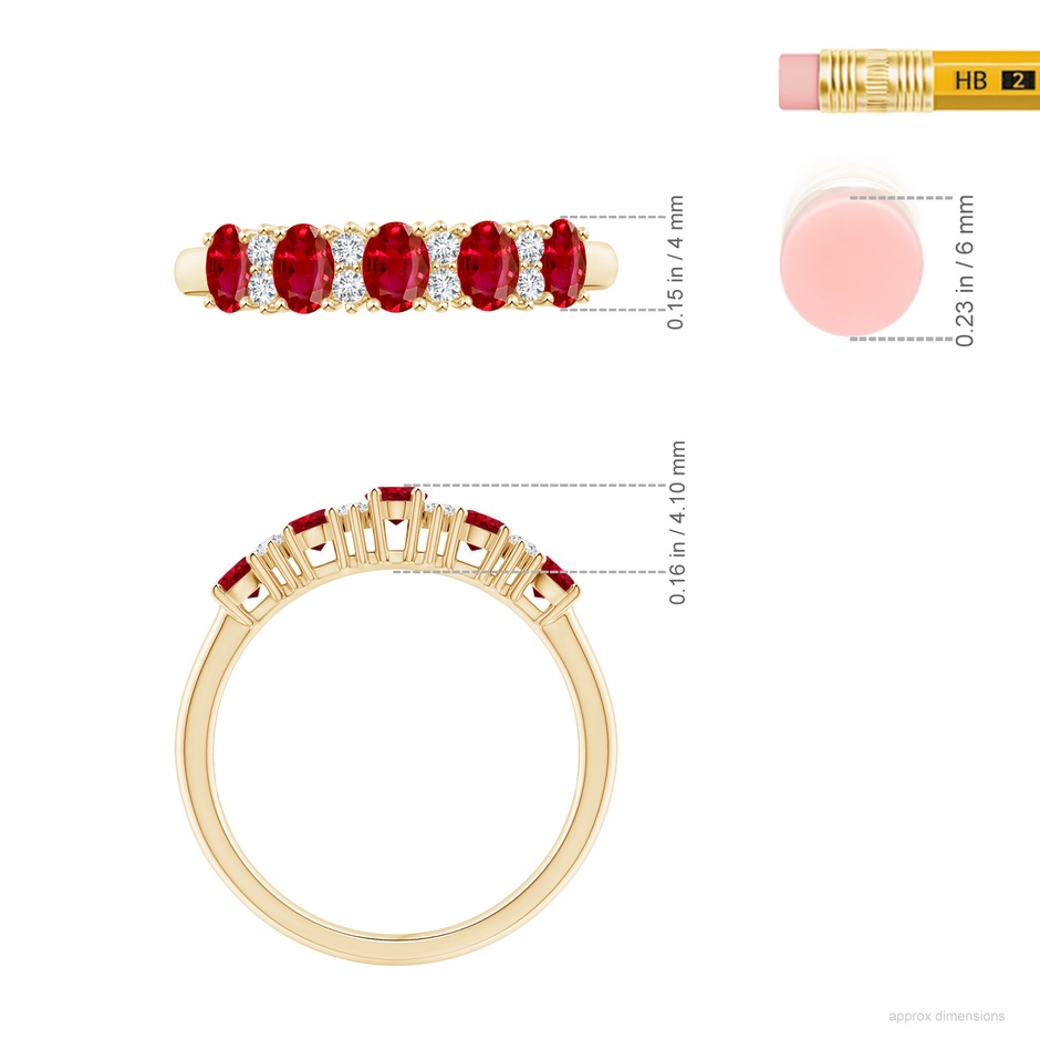 4x3mm AAA Five Stone Ruby and Diamond Wedding Ring in Yellow Gold ruler