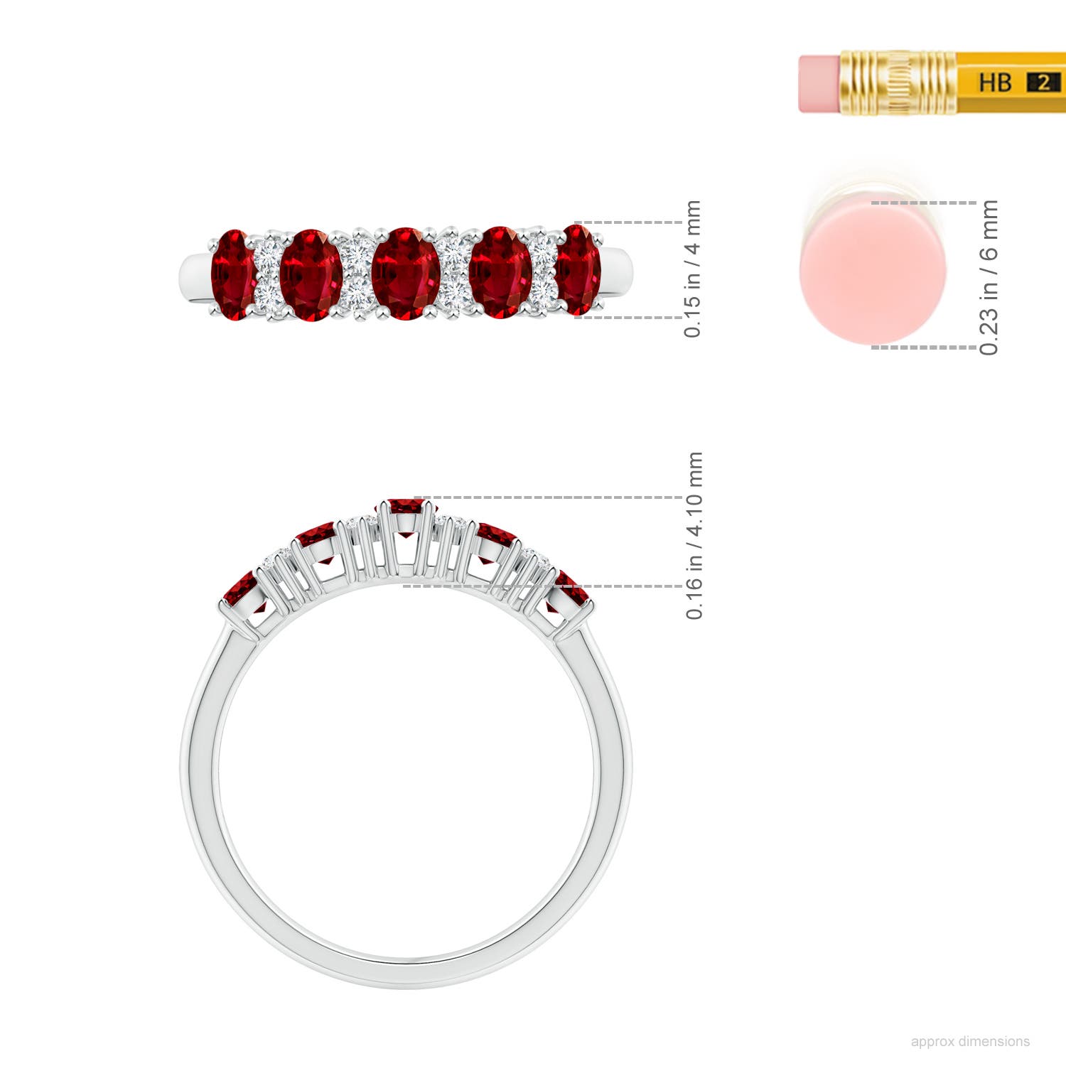4x3mm AAAA Five Stone Ruby and Diamond Wedding Ring in White Gold - ruler