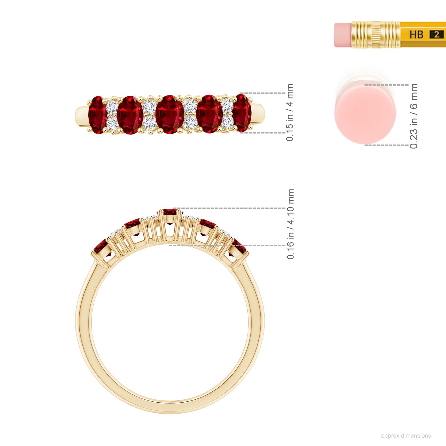 4x3mm AAAA Five Stone Ruby and Diamond Wedding Ring in Yellow Gold - ruler