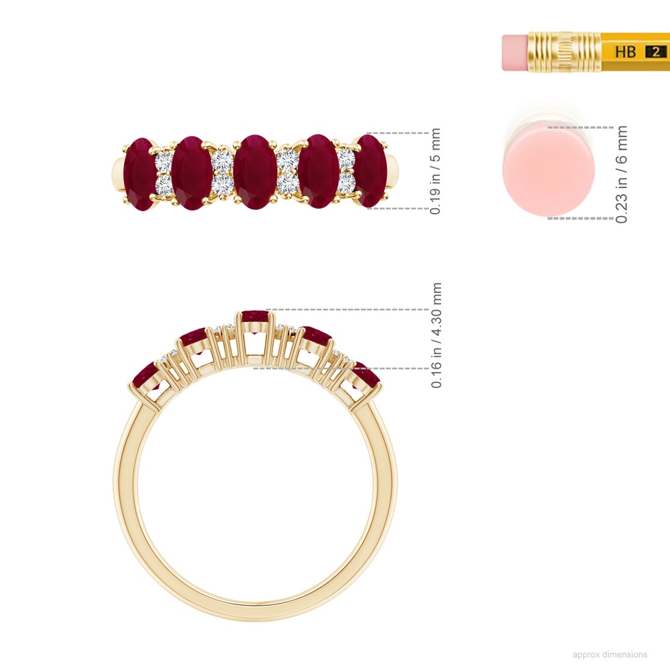 5x3mm A Five Stone Ruby and Diamond Wedding Ring in 10K Yellow Gold ruler