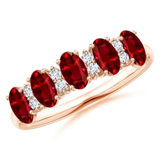 5x3mm AAAA Five Stone Ruby and Diamond Wedding Ring in Rose Gold