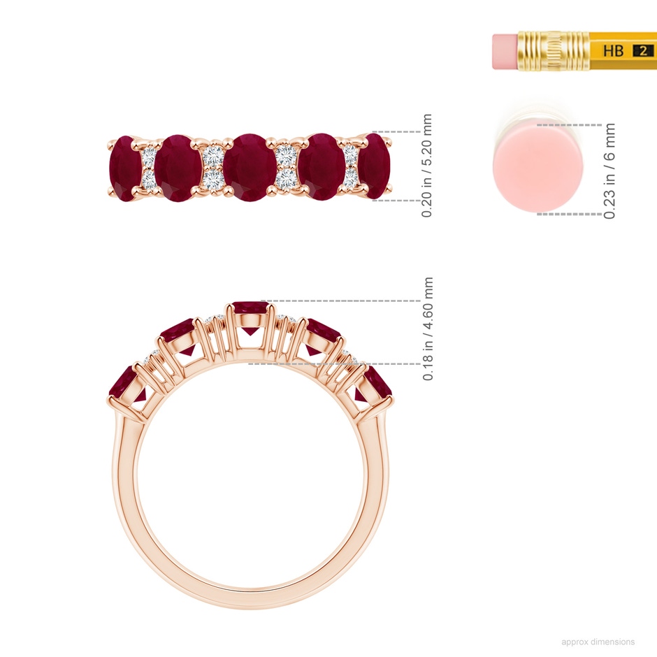5x4mm A Five Stone Ruby and Diamond Wedding Ring in 10K Rose Gold ruler
