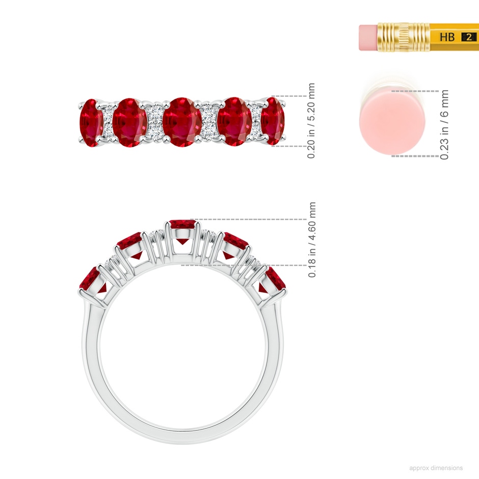 5x4mm AAA Five Stone Ruby and Diamond Wedding Ring in White Gold ruler
