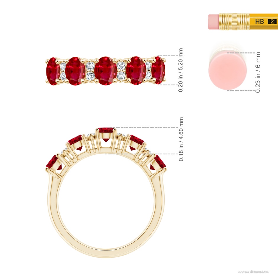 5x4mm AAA Five Stone Ruby and Diamond Wedding Ring in Yellow Gold ruler