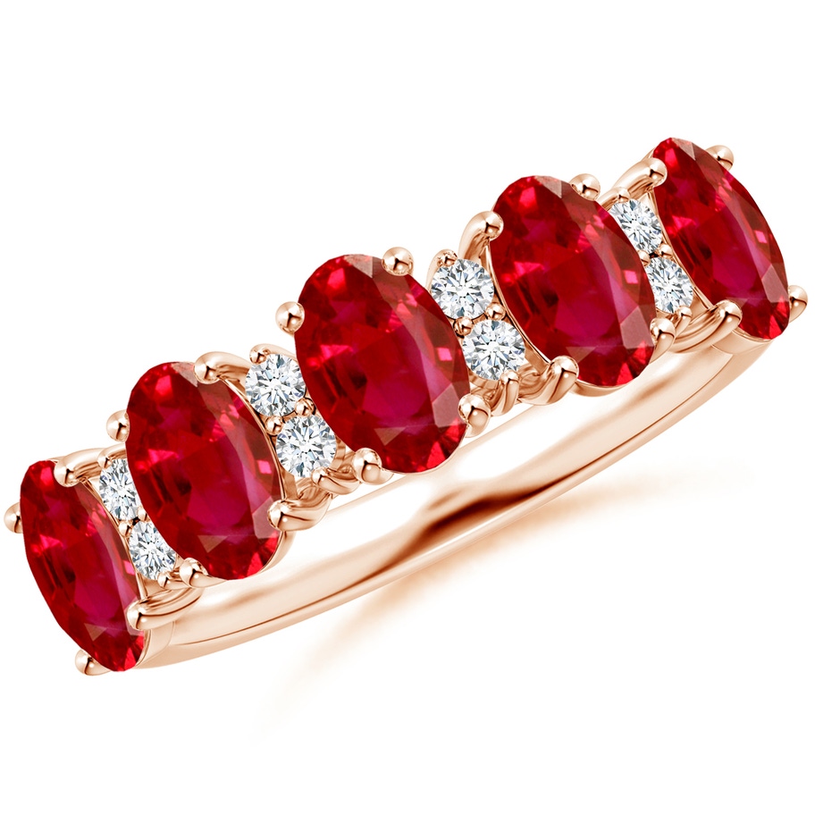 6x4mm AAA Five Stone Ruby and Diamond Wedding Ring in 18K Rose Gold 