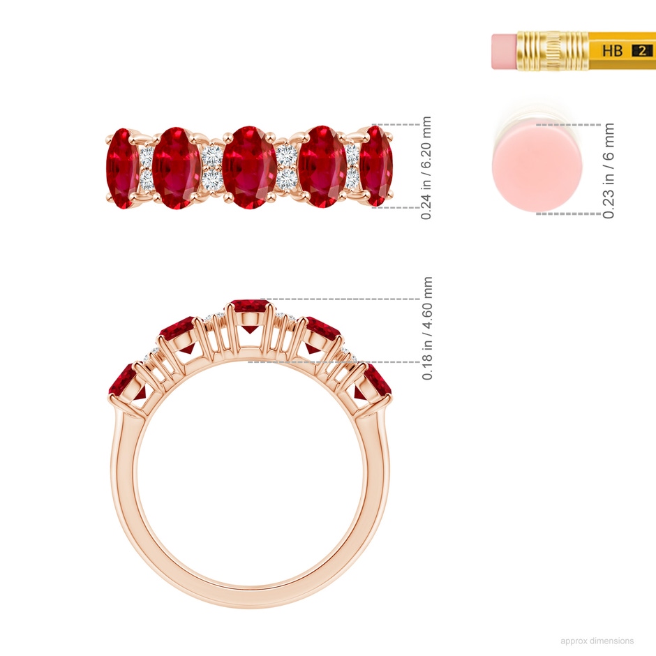 6x4mm AAA Five Stone Ruby and Diamond Wedding Ring in 18K Rose Gold ruler