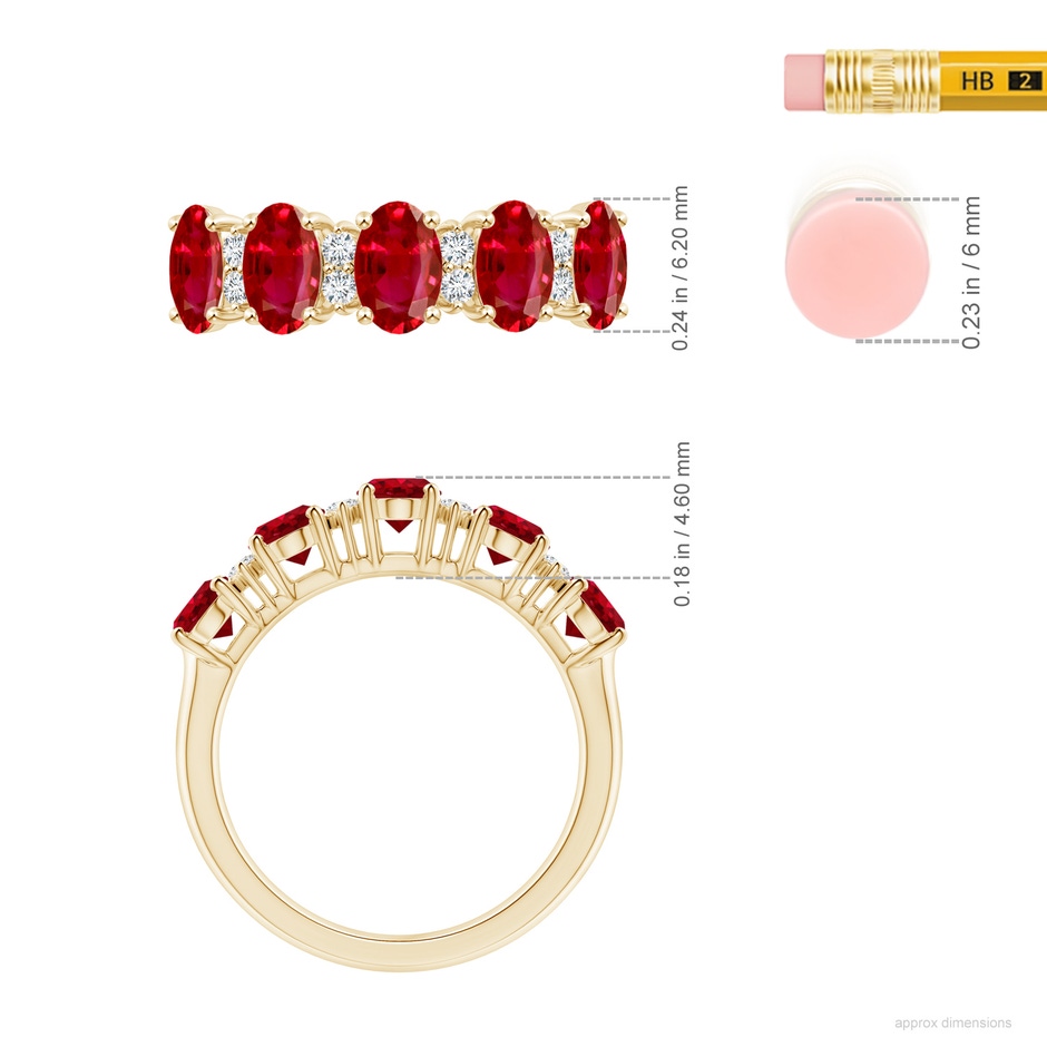 6x4mm AAA Five Stone Ruby and Diamond Wedding Ring in Yellow Gold ruler