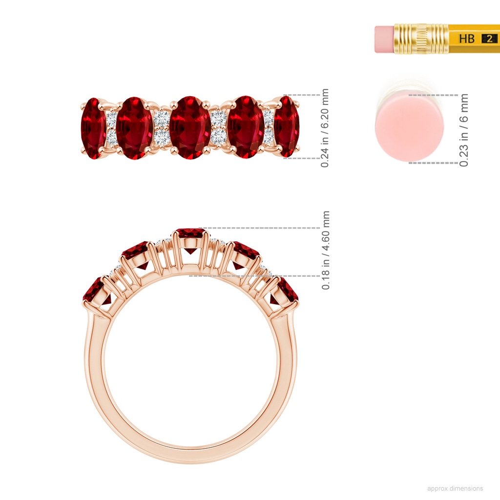 6x4mm AAAA Five Stone Ruby and Diamond Wedding Ring in Rose Gold ruler