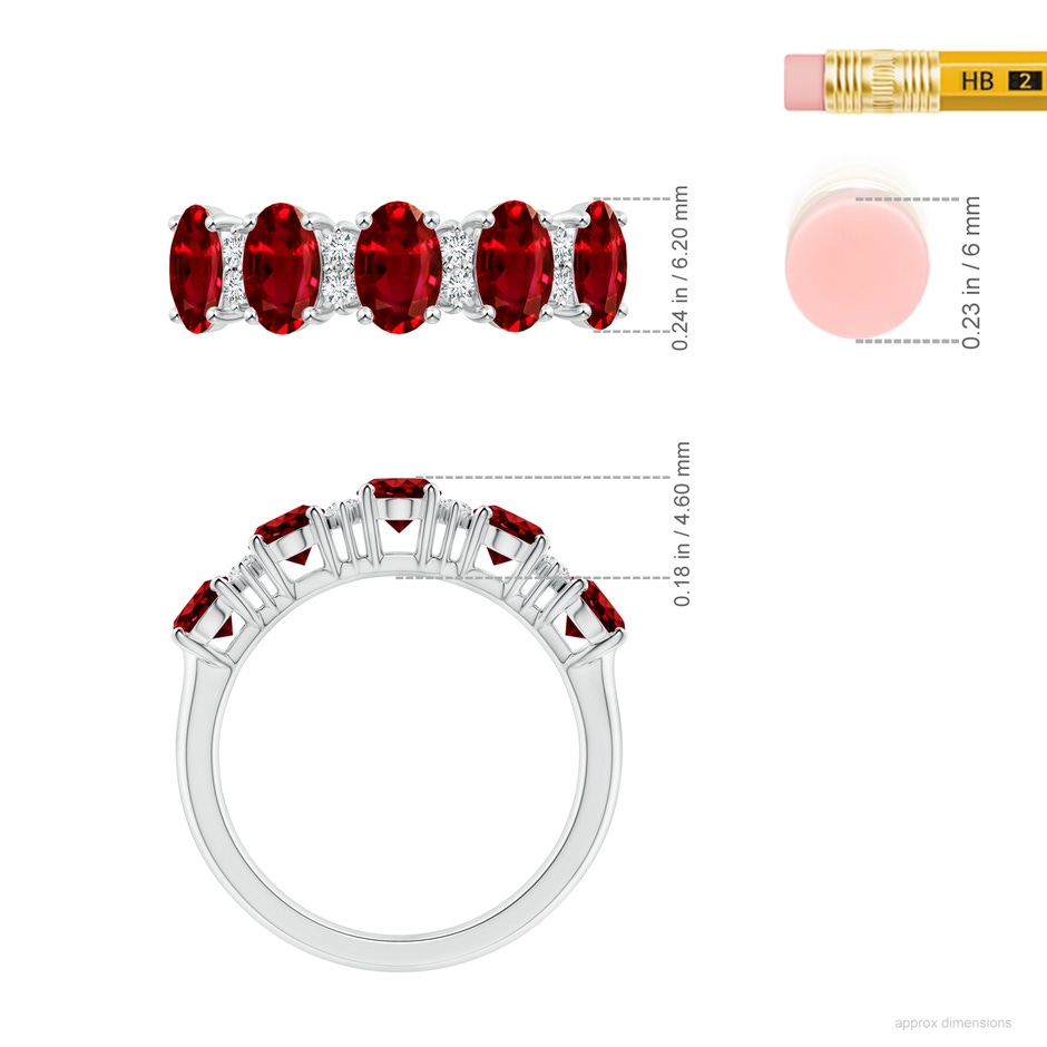 6x4mm AAAA Five Stone Ruby and Diamond Wedding Ring in White Gold ruler
