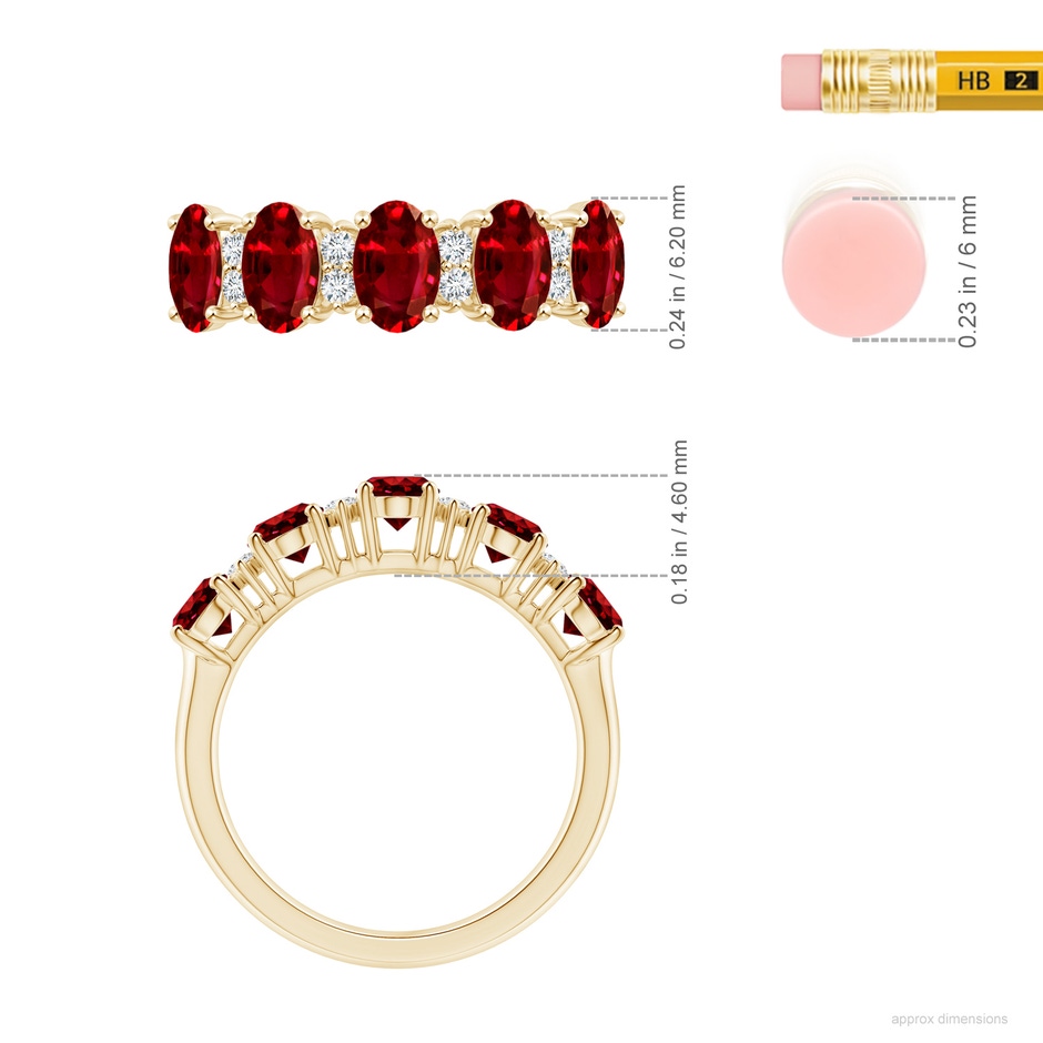 6x4mm AAAA Five Stone Ruby and Diamond Wedding Ring in Yellow Gold ruler