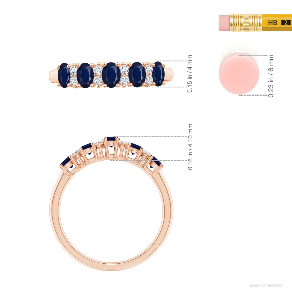 4x3mm A Five Stone Blue Sapphire and Diamond Wedding Ring in Rose Gold ruler