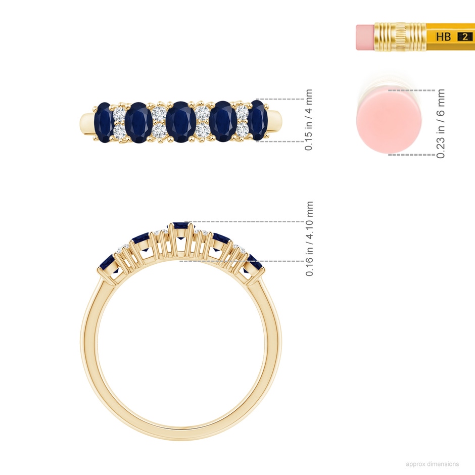 4x3mm A Five Stone Blue Sapphire and Diamond Wedding Ring in Yellow Gold ruler