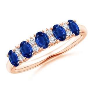 4x3mm AAA Five Stone Blue Sapphire and Diamond Wedding Ring in Rose Gold