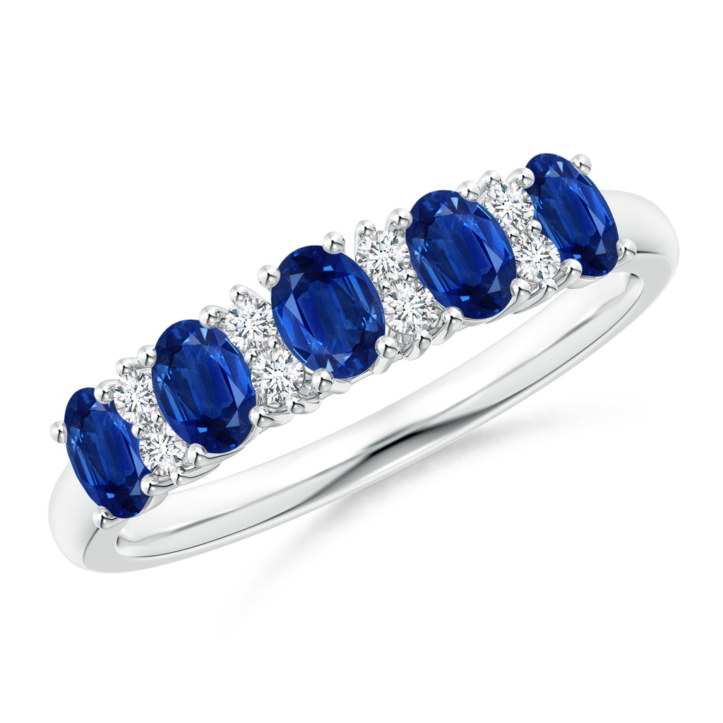 4x3mm AAA Five Stone Blue Sapphire and Diamond Wedding Ring in White Gold