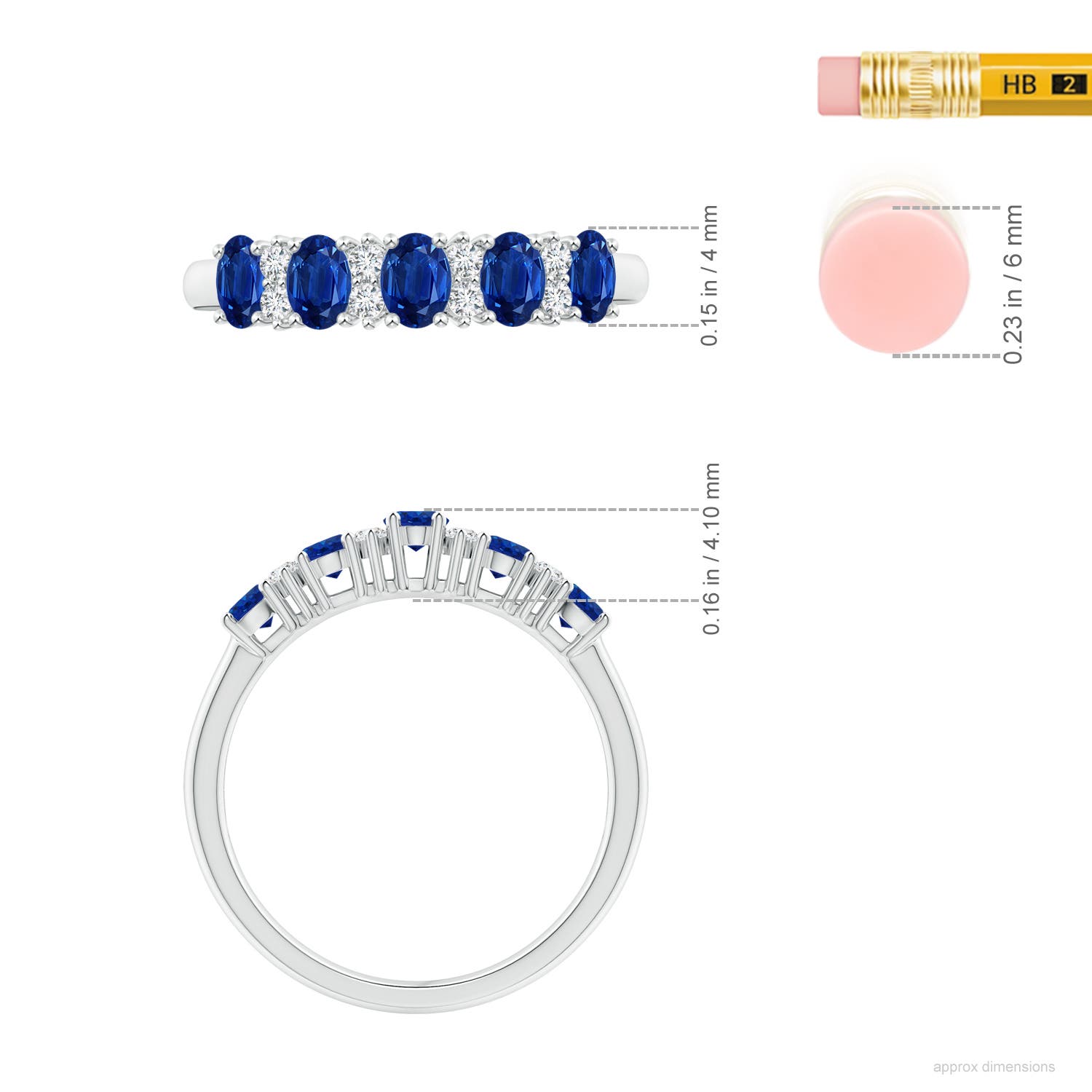 4x3mm AAA Five Stone Blue Sapphire and Diamond Wedding Ring in White Gold - ruler
