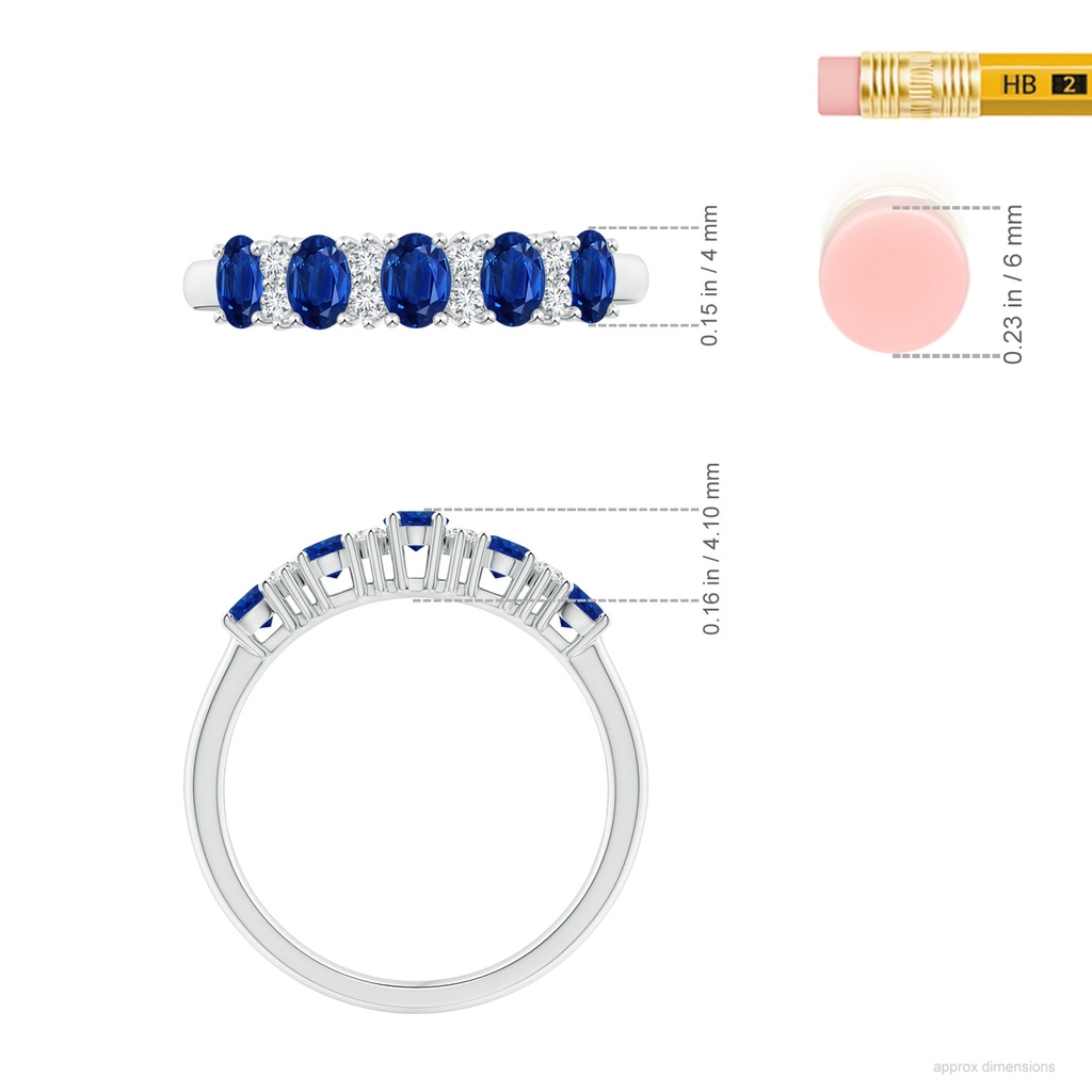 4x3mm AAA Five Stone Blue Sapphire and Diamond Wedding Ring in White Gold ruler