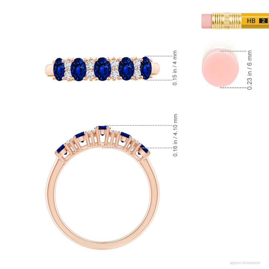 4x3mm AAAA Five Stone Blue Sapphire and Diamond Wedding Ring in Rose Gold ruler