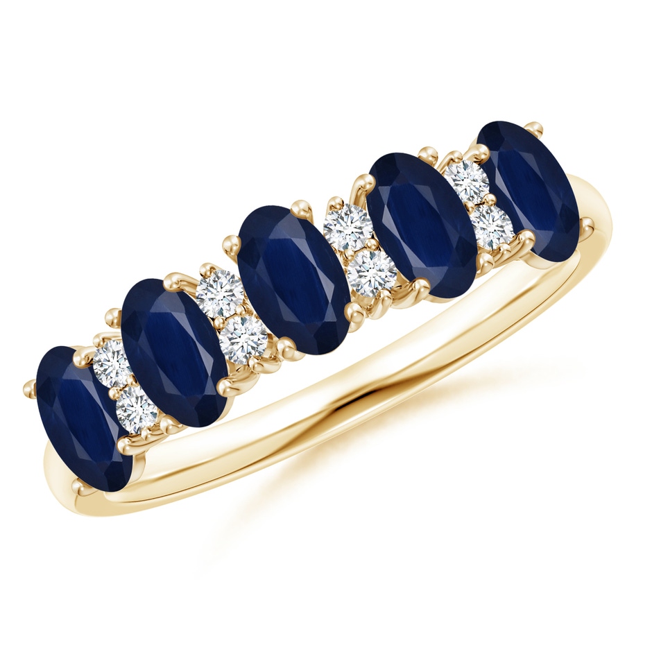 5x3mm A Five Stone Blue Sapphire and Diamond Wedding Ring in Yellow Gold 