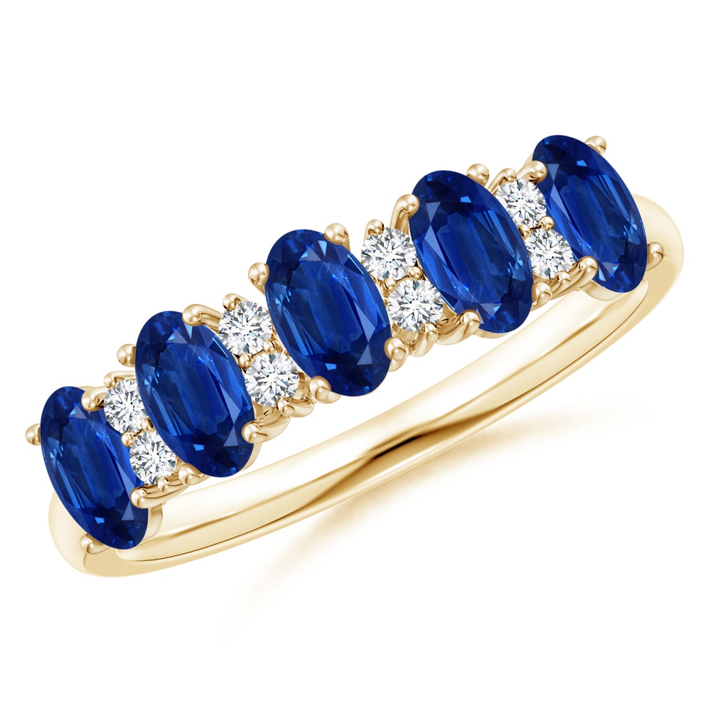 5x3mm AAA Five Stone Blue Sapphire and Diamond Wedding Ring in Yellow Gold