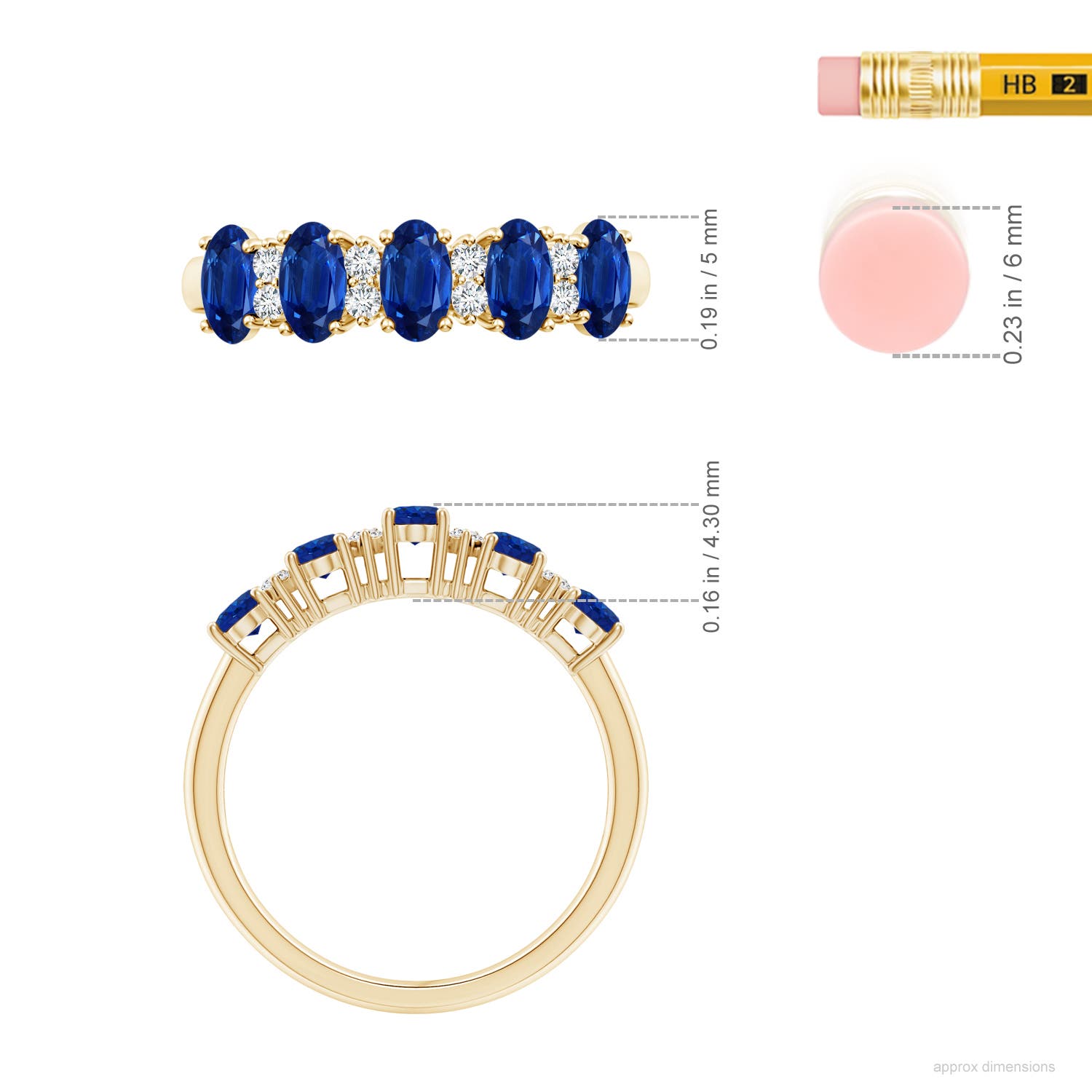 5x3mm AAA Five Stone Blue Sapphire and Diamond Wedding Ring in Yellow Gold - ruler