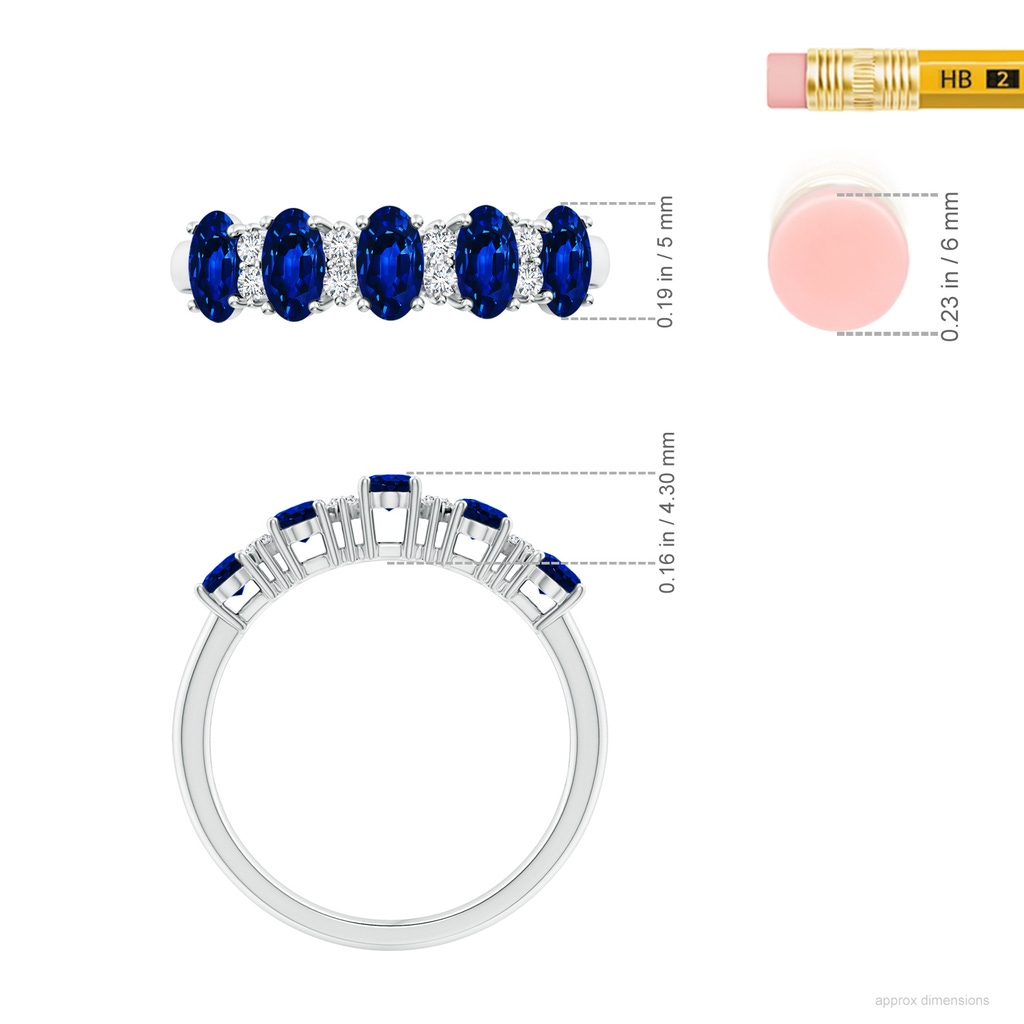 5x3mm AAAA Five Stone Blue Sapphire and Diamond Wedding Ring in P950 Platinum ruler