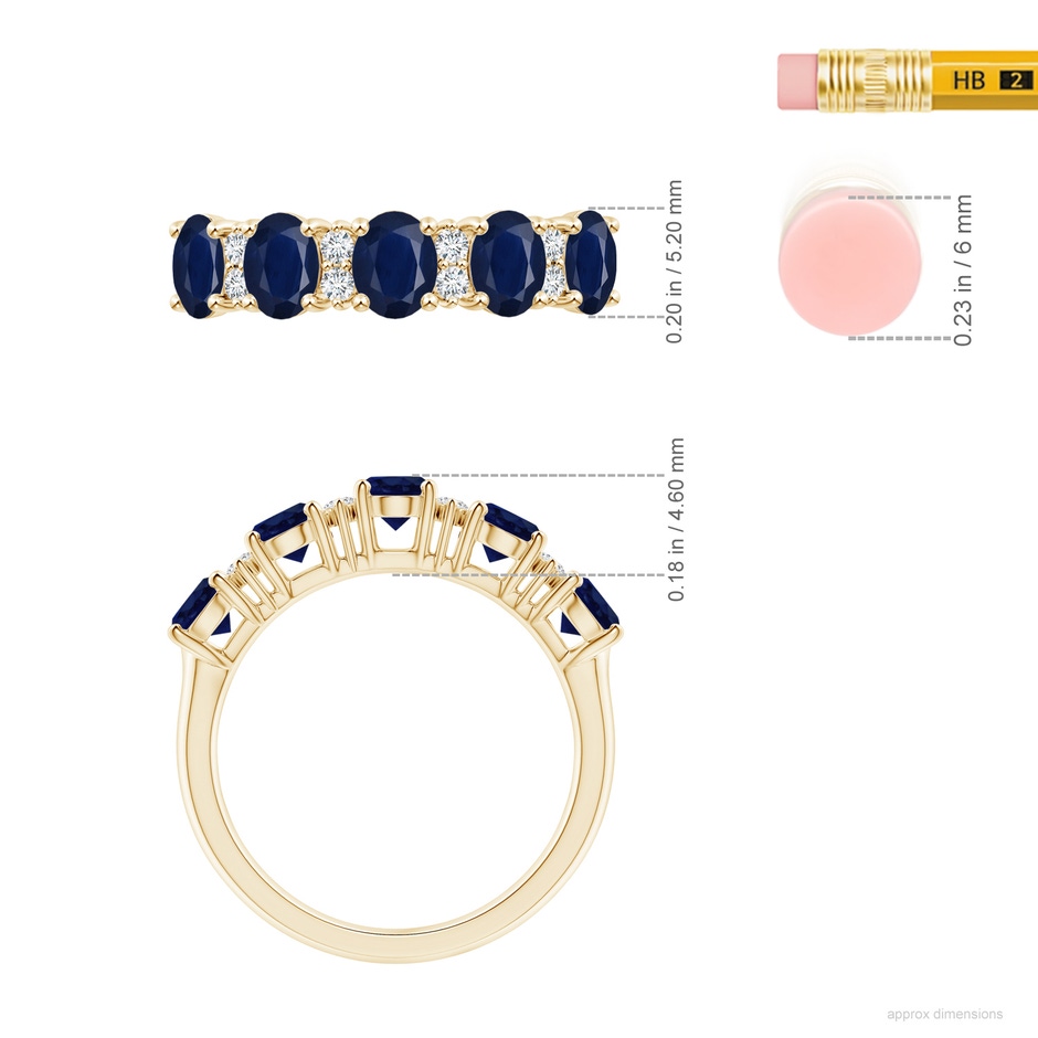 5x4mm A Five Stone Blue Sapphire and Diamond Wedding Ring in Yellow Gold ruler