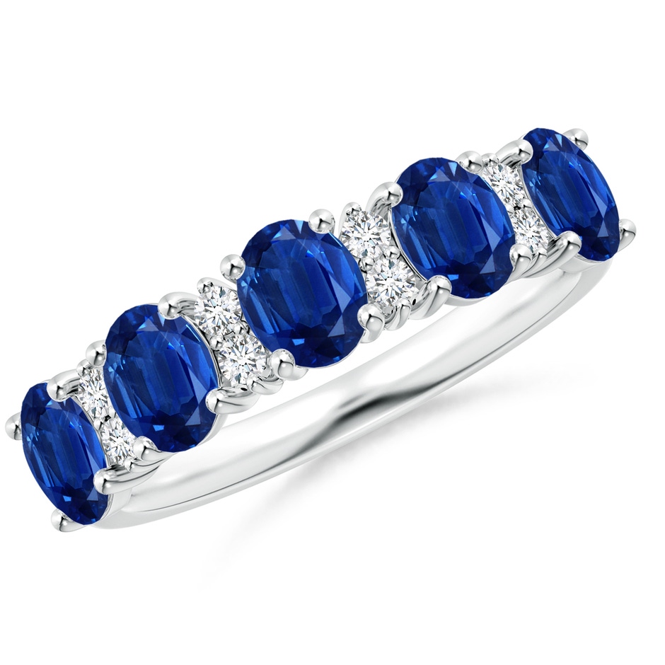 5x4mm AAA Five Stone Blue Sapphire and Diamond Wedding Ring in White Gold 