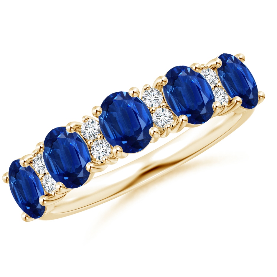 5x4mm AAA Five Stone Blue Sapphire and Diamond Wedding Ring in Yellow Gold 