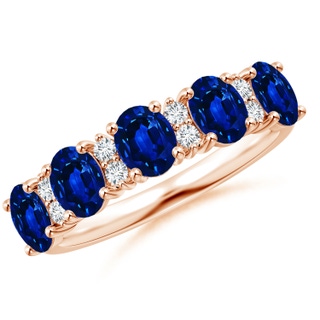 5x4mm AAAA Five Stone Blue Sapphire and Diamond Wedding Ring in Rose Gold
