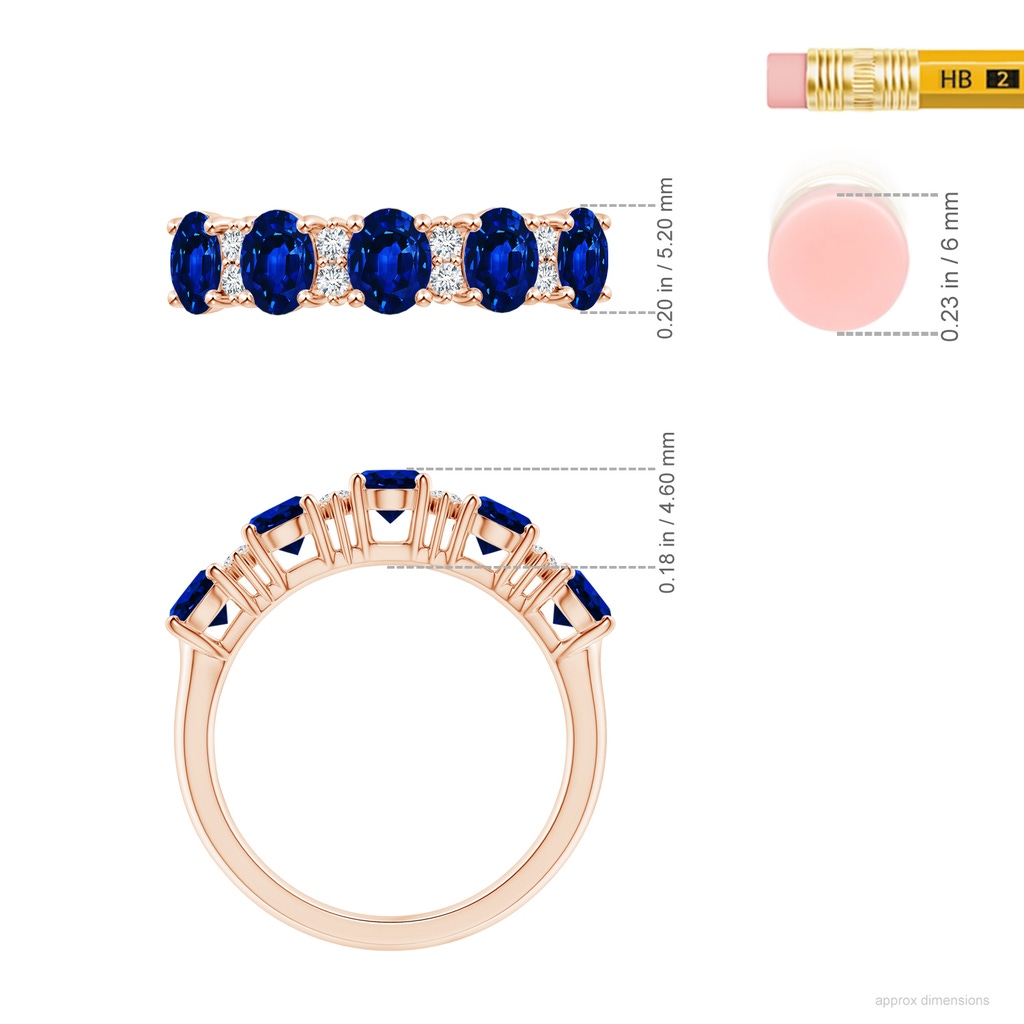 5x4mm AAAA Five Stone Blue Sapphire and Diamond Wedding Ring in Rose Gold ruler