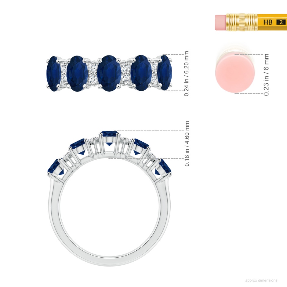 6x4mm AA Five Stone Blue Sapphire and Diamond Wedding Ring in 18K White Gold ruler