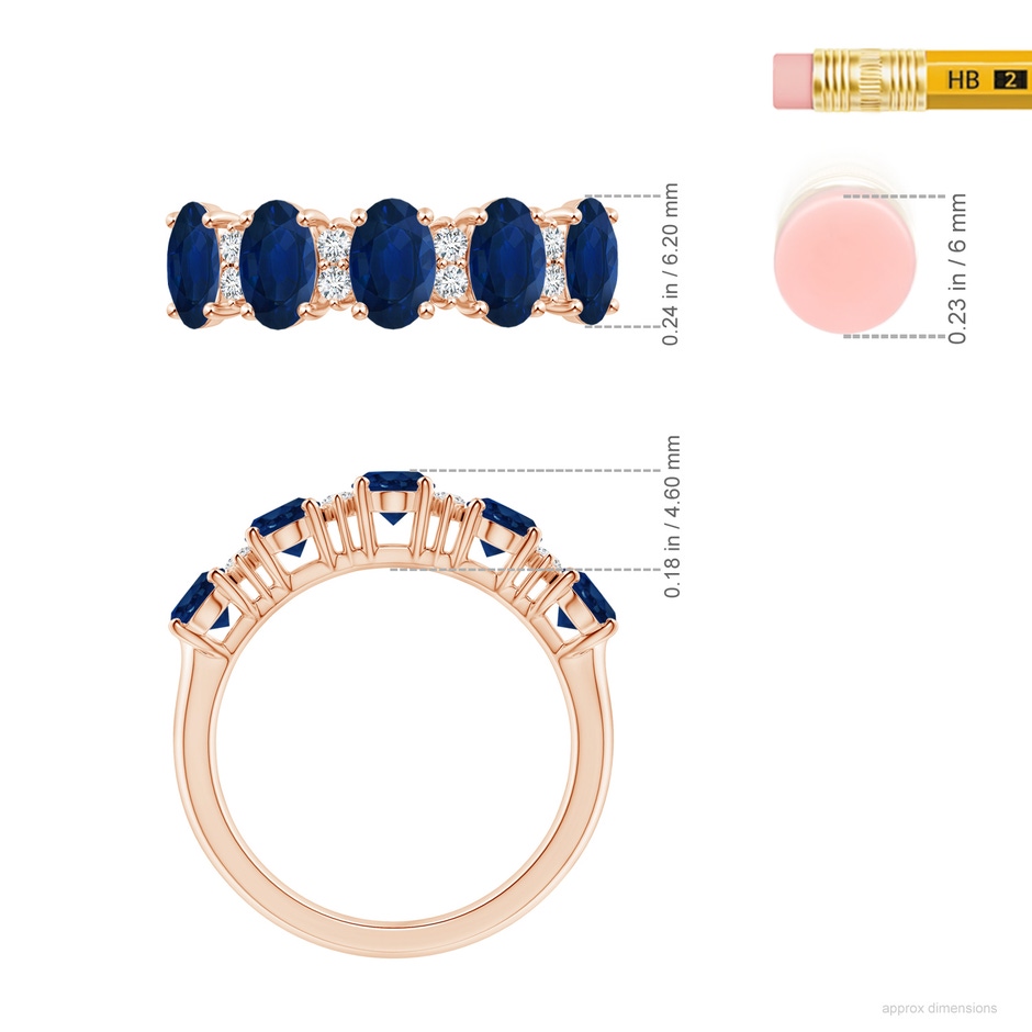 6x4mm AA Five Stone Blue Sapphire and Diamond Wedding Ring in Rose Gold ruler