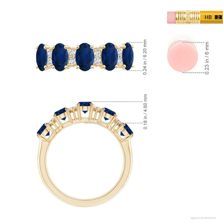 6x4mm AA Five Stone Blue Sapphire and Diamond Wedding Ring in Yellow Gold ruler