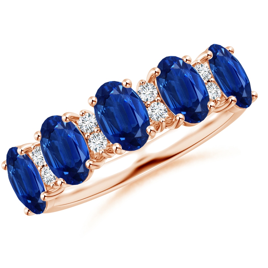 6x4mm AAA Five Stone Blue Sapphire and Diamond Wedding Ring in 18K Rose Gold 
