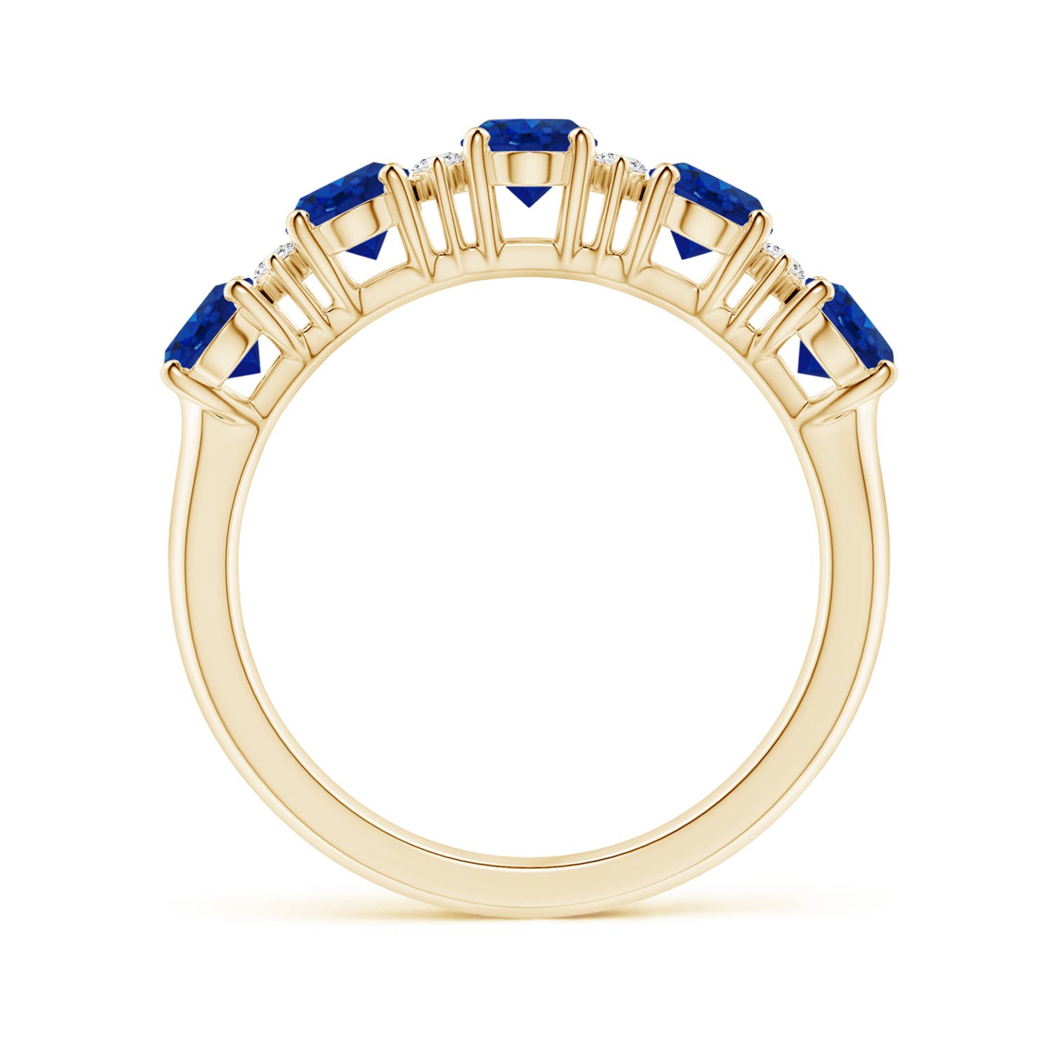 6x4mm AAA Five Stone Blue Sapphire and Diamond Wedding Ring in 18K Yellow Gold