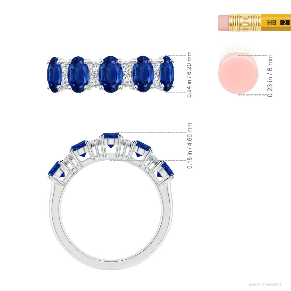6x4mm AAA Five Stone Blue Sapphire and Diamond Wedding Ring in White Gold ruler