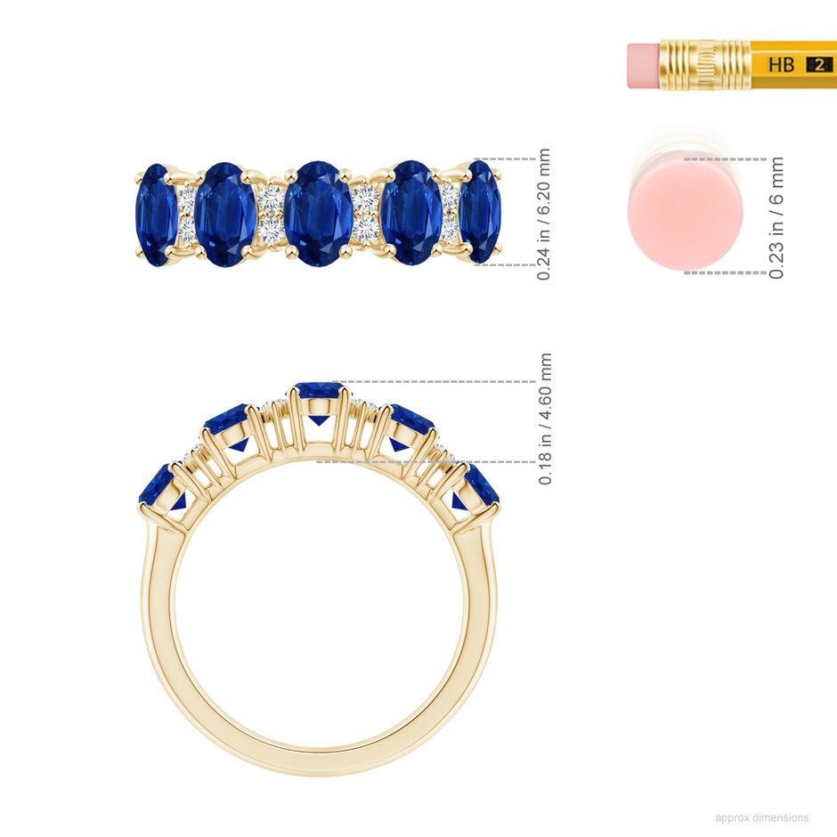 6x4mm AAA Five Stone Blue Sapphire and Diamond Wedding Ring in Yellow Gold ruler