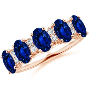 6x4mm AAAA Five Stone Blue Sapphire and Diamond Wedding Ring in 18K Rose Gold