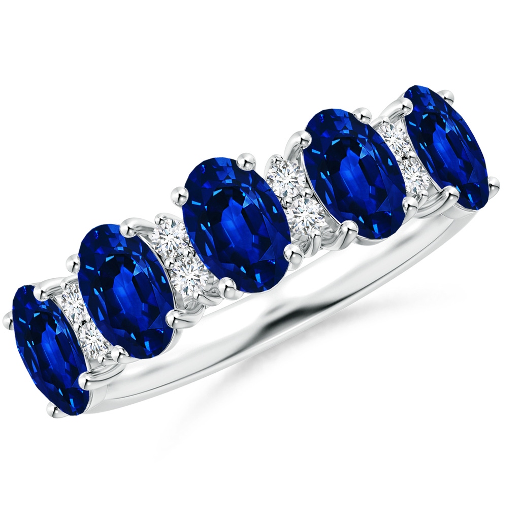 6x4mm Lab-Grown Five Stone Blue Sapphire and Diamond Wedding Ring in White Gold