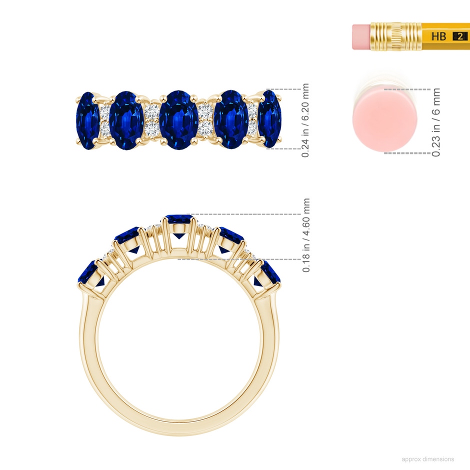 6x4mm AAAA Five Stone Blue Sapphire and Diamond Wedding Ring in Yellow Gold ruler