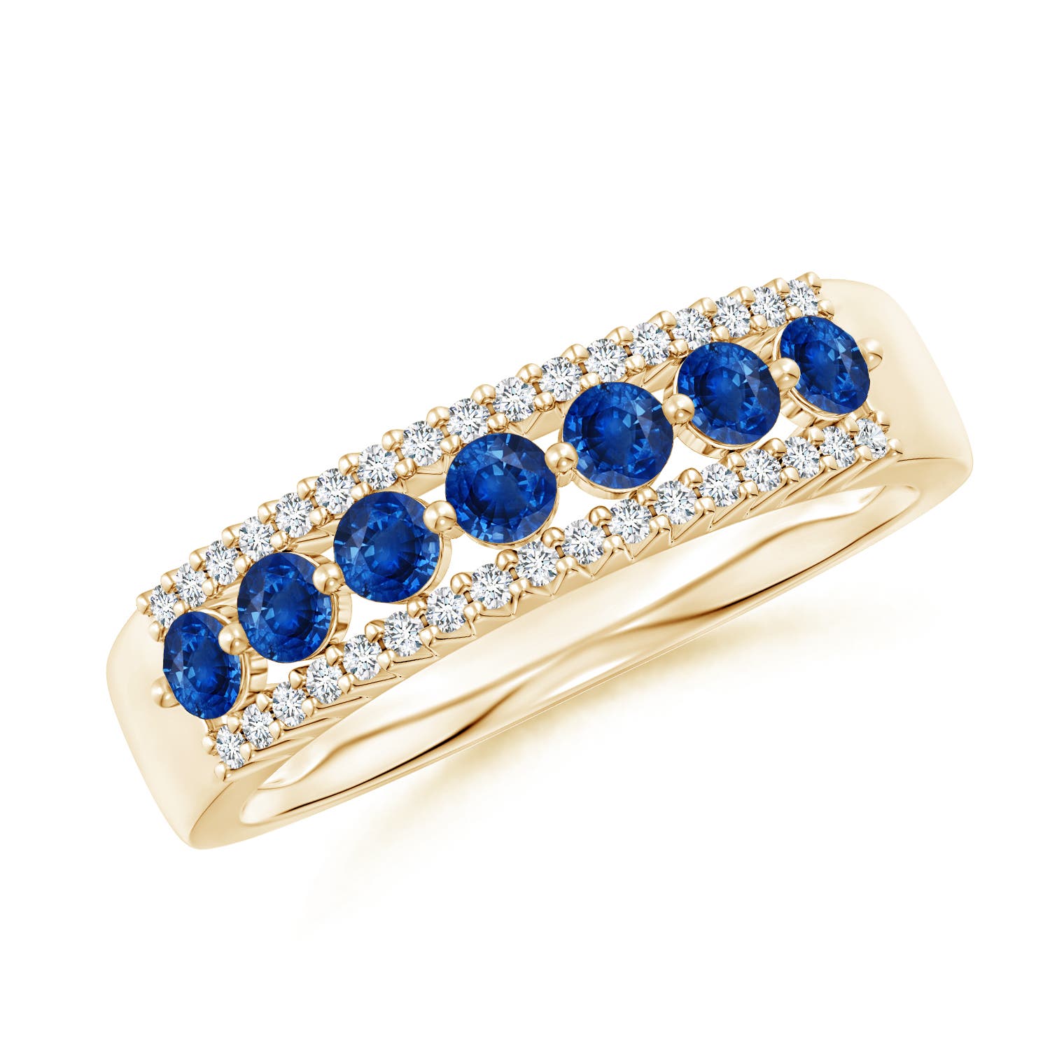 2.5mm AAA Floating Blue Sapphire Half Eternity Ring with Diamonds in Yellow Gold