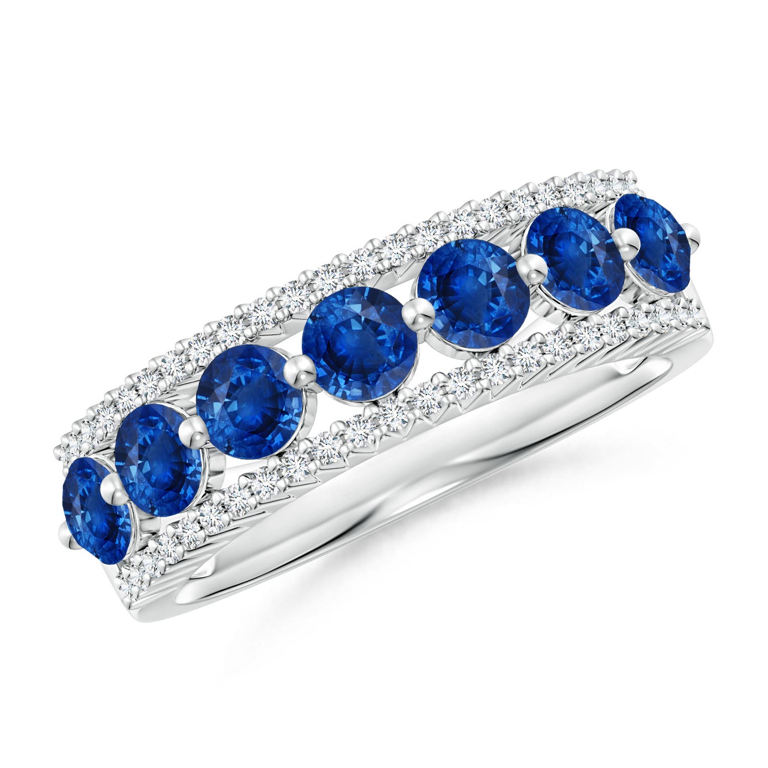 3.5mm AAA Floating Blue Sapphire Half Eternity Ring with Diamonds in White Gold