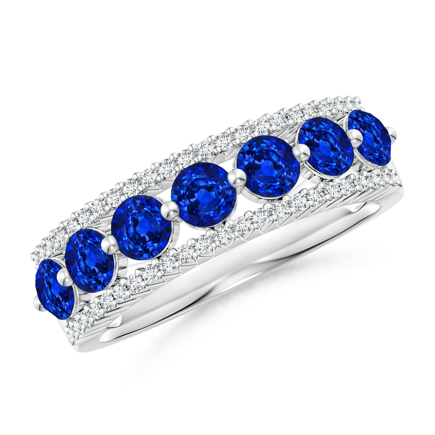 3.5mm AAAA Floating Blue Sapphire Half Eternity Ring with Diamonds in White Gold