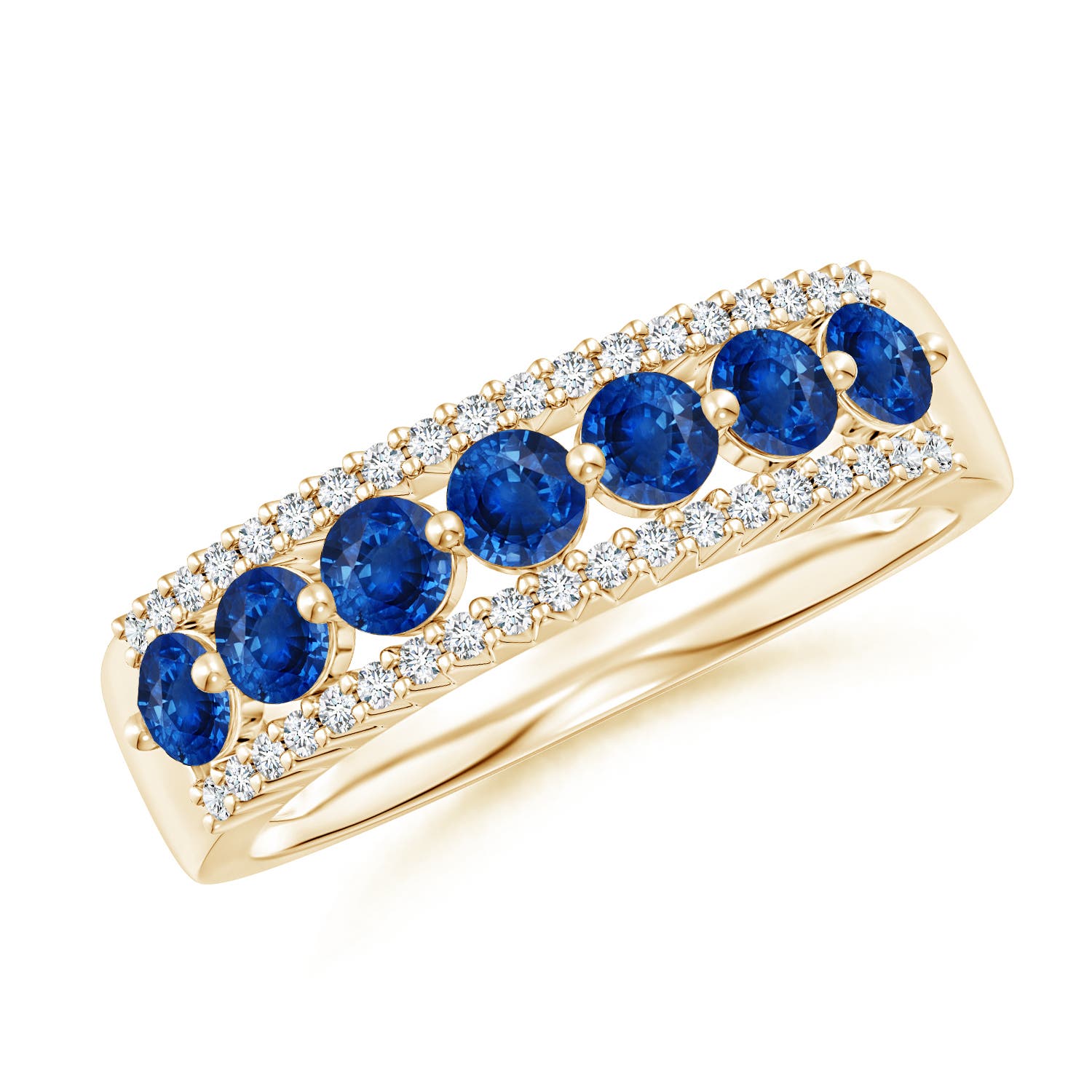 3mm AAA Floating Blue Sapphire Half Eternity Ring with Diamonds in Yellow Gold