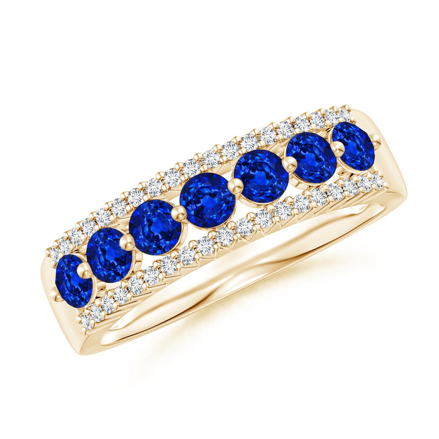 3mm AAAA Floating Blue Sapphire Half Eternity Ring with Diamonds in Yellow Gold