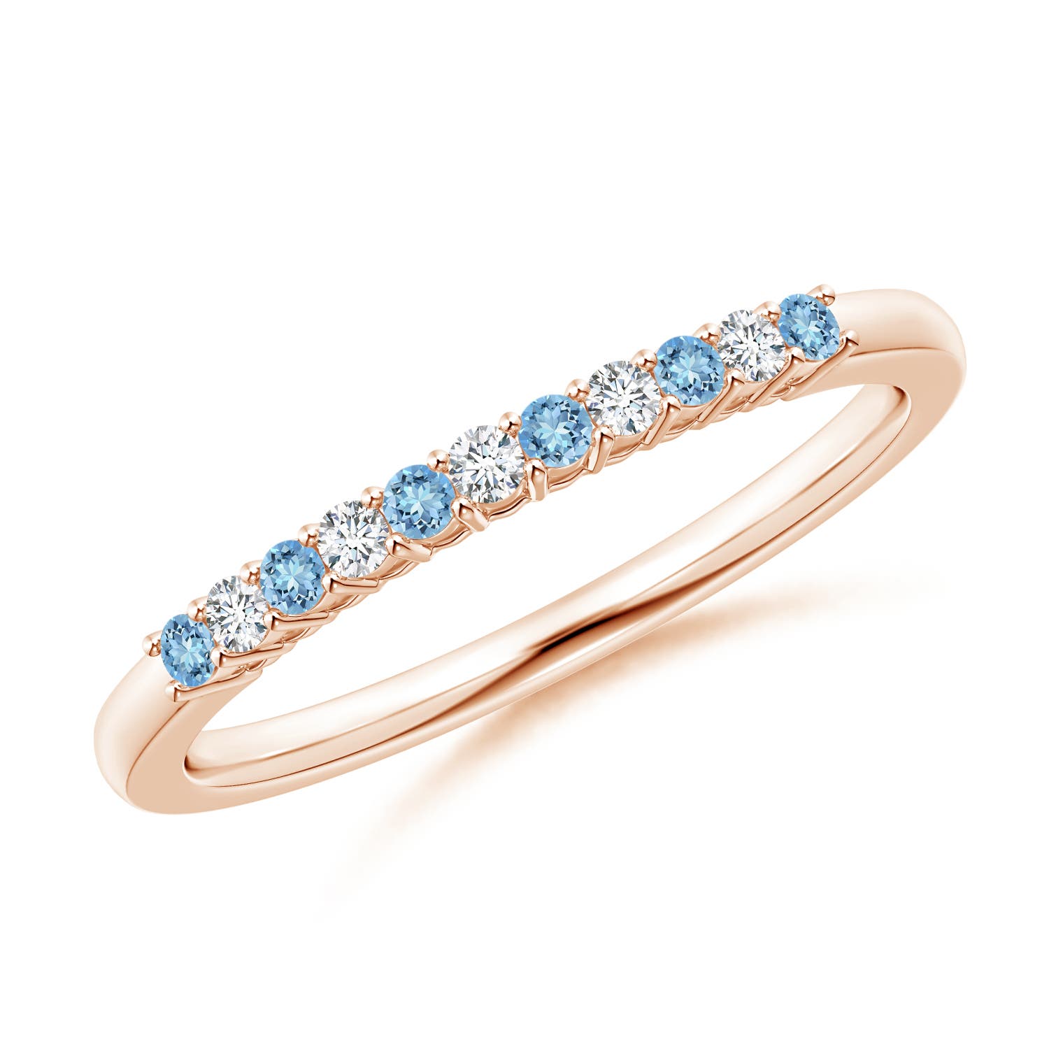 1.5mm AAAA Aquamarine and Diamond Half Eternity Wedding Ring in Rose Gold