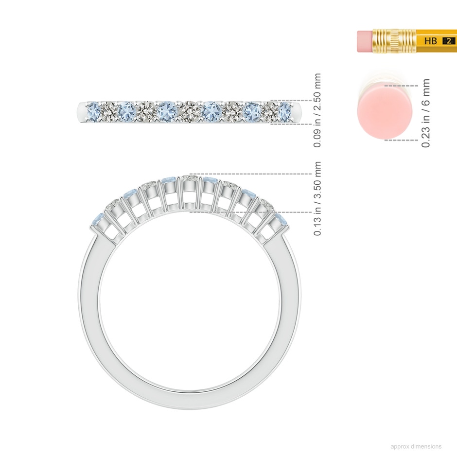 2mm A Aquamarine and Diamond Half Eternity Wedding Ring in White Gold ruler