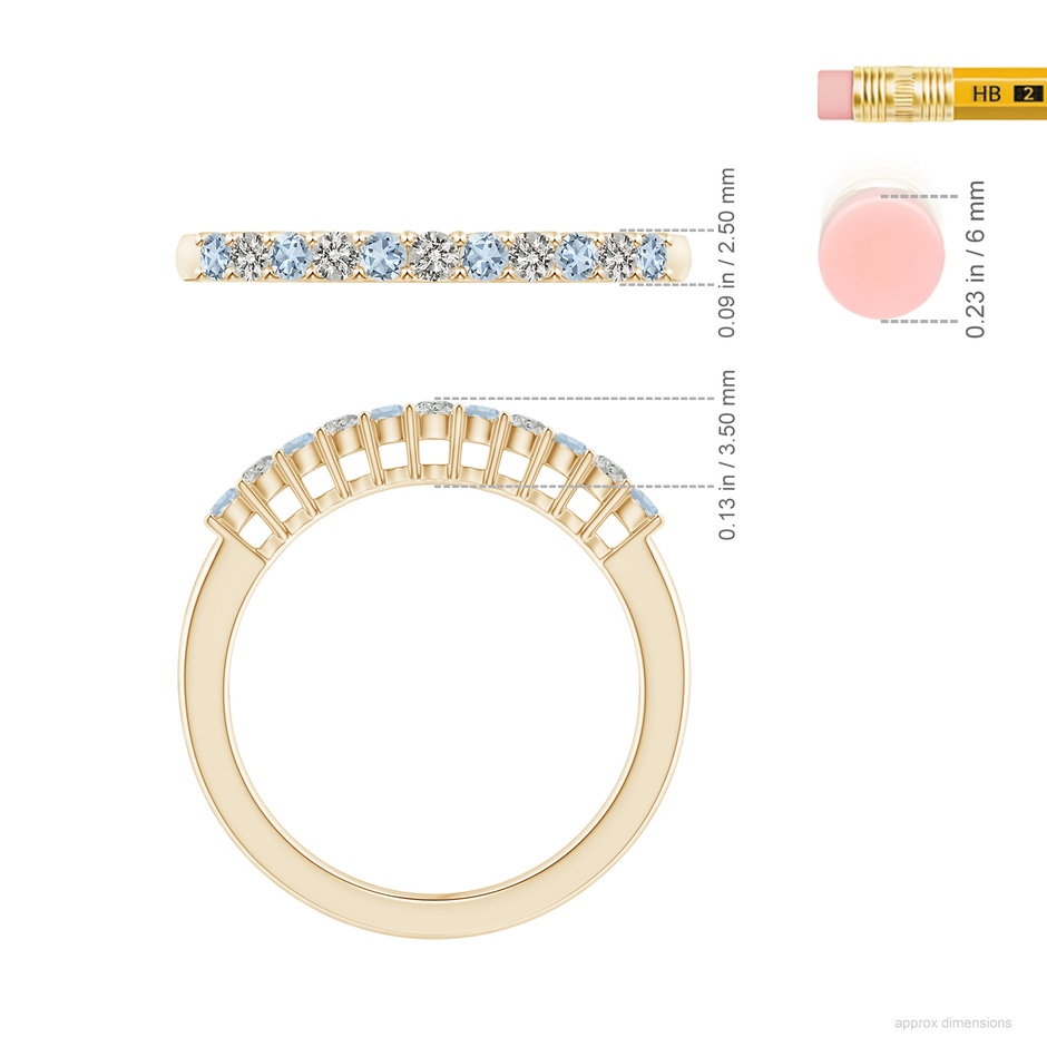 2mm A Aquamarine and Diamond Half Eternity Wedding Ring in Yellow Gold ruler
