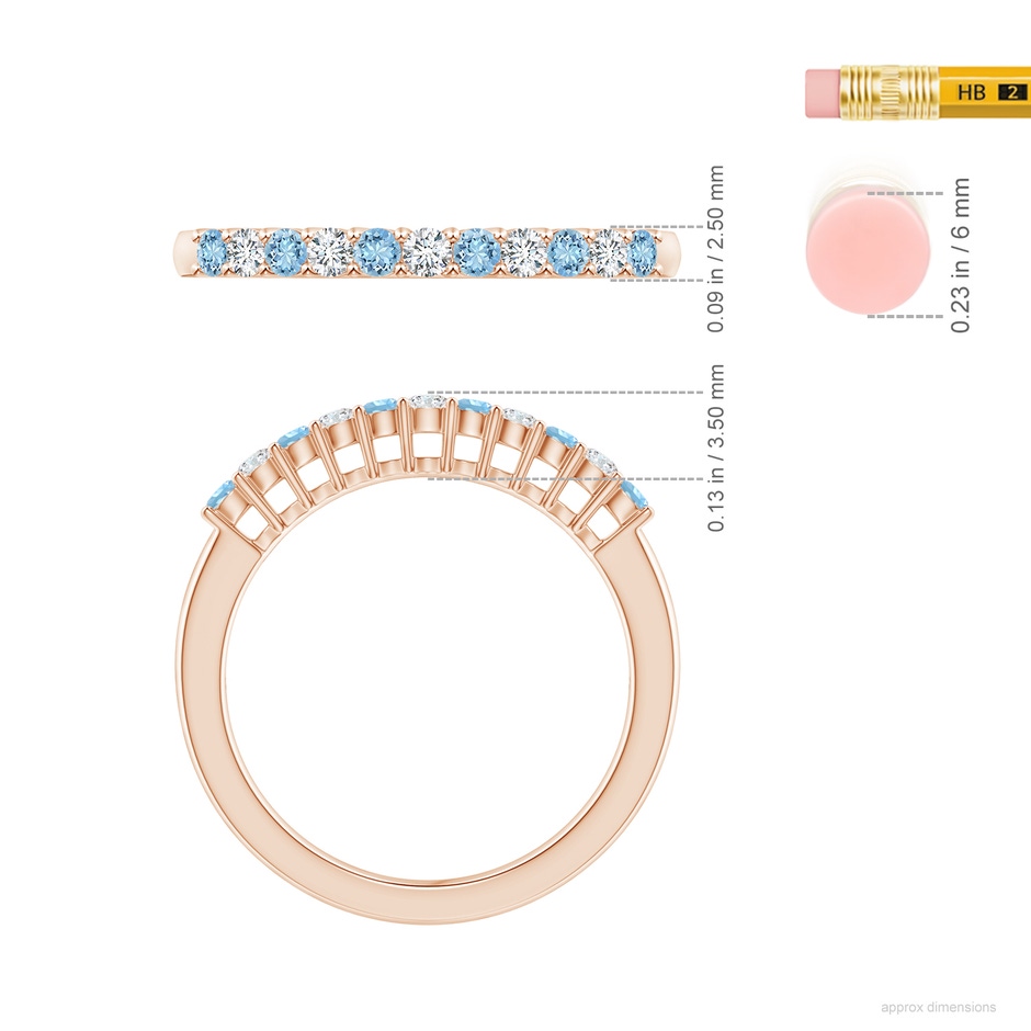 2mm AAAA Aquamarine and Diamond Half Eternity Wedding Ring in 18K Rose Gold ruler